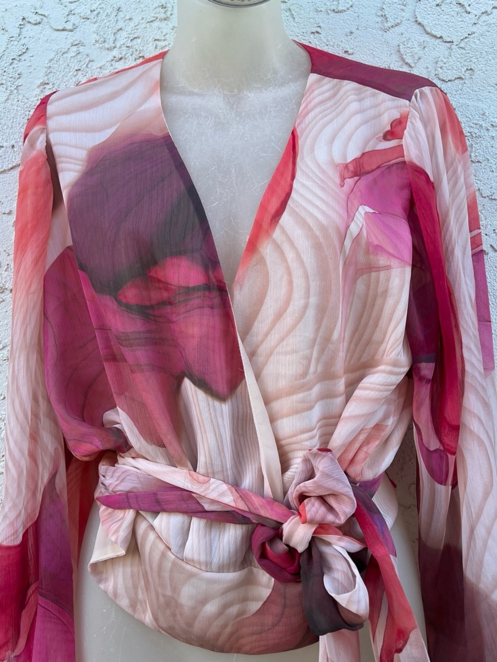 Express Sheer Floral Wrap Blouse in Pink and Magenta